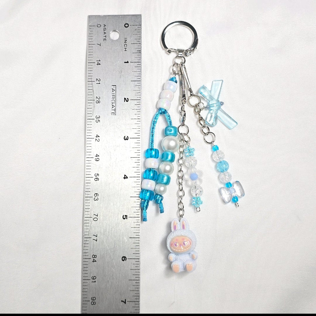 New Pastel Blue Labubu Inspired  Multi Strand Mixed Beaded Bag Charm Key Holder Keychain
