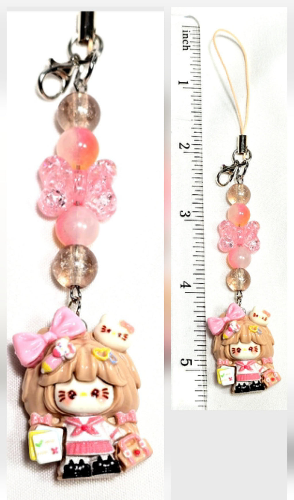 Whimsical Kawaii Beaded Pink Kitty Girl Keychain or Phone Bag Charm