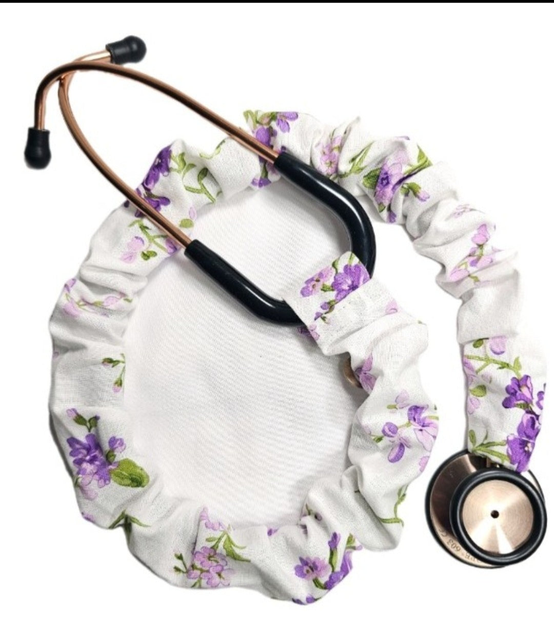 Handmade White with Purple Lavander Floral  Stethoscope Sleeve: Cotton Cover