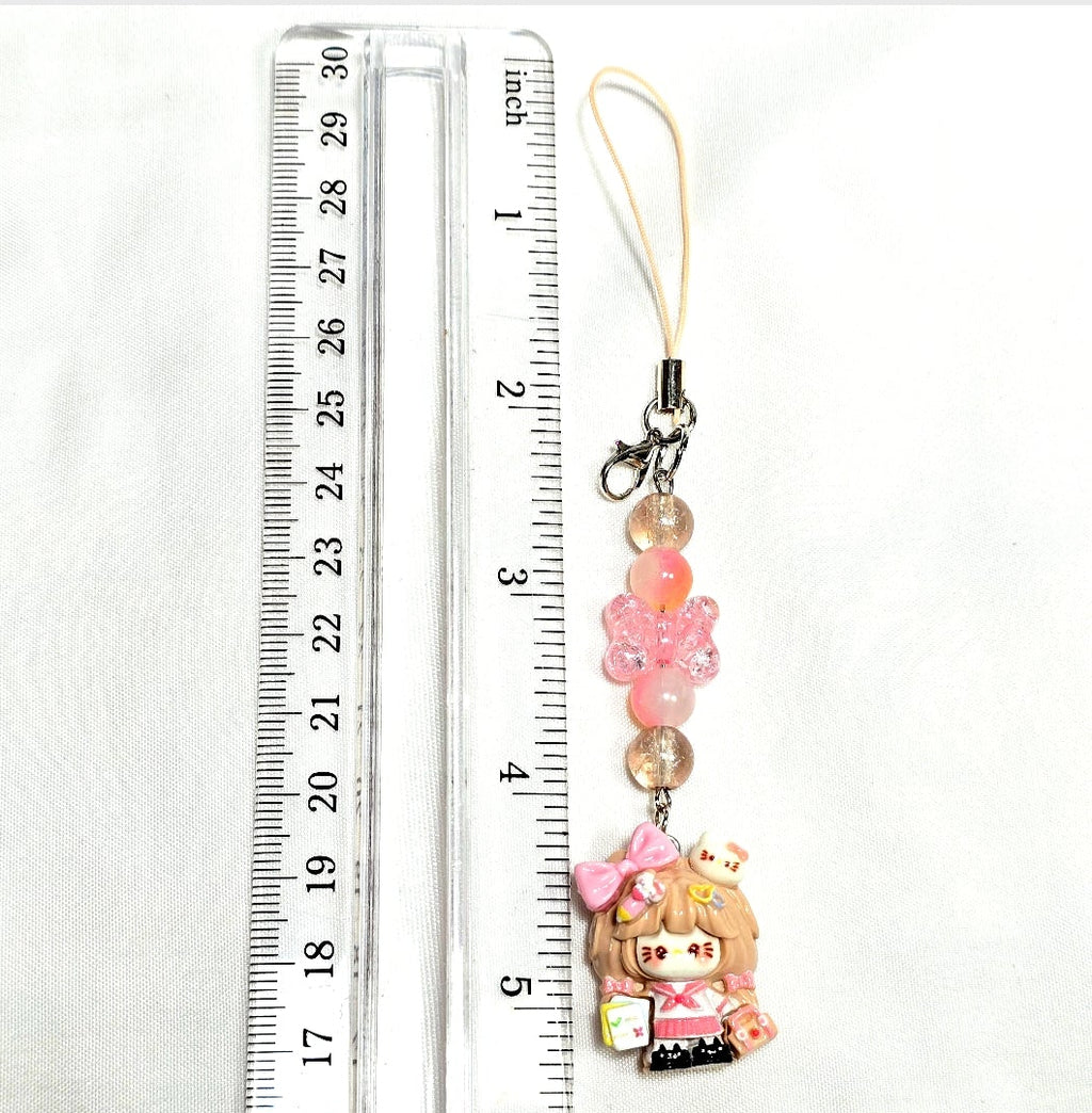 Whimsical Kawaii Beaded Pink Kitty Girl Keychain or Phone Bag Charm