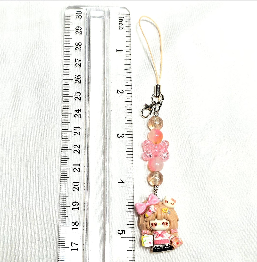 Whimsical Kawaii Beaded Pink Kitty Girl Keychain or Phone Bag Charm