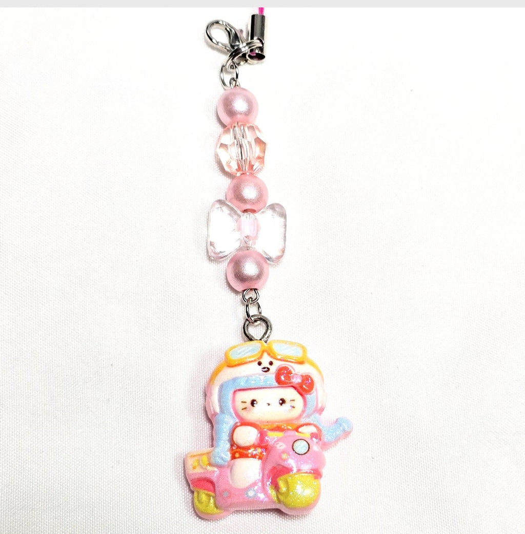 Whimsical Kawaii Beaded Pink Kitty Girl Keychain or Phone Bag Charm