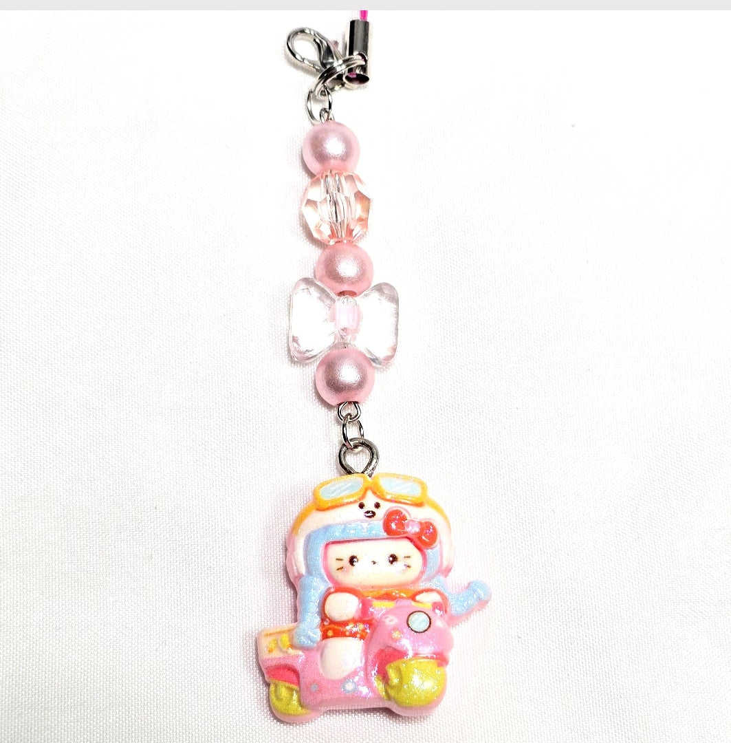 Whimsical Kawaii Beaded Pink Kitty Girl Keychain or Phone Bag Charm