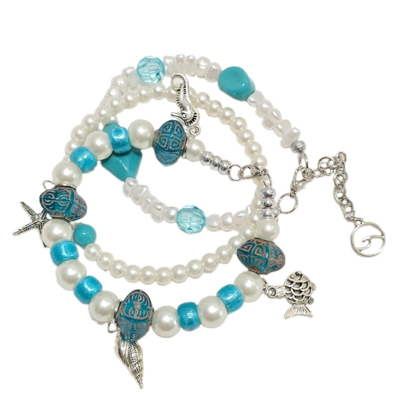 Ocean Life Beach Stackable White and Torquiose  Mixed Beaded Stretchy Bracelets