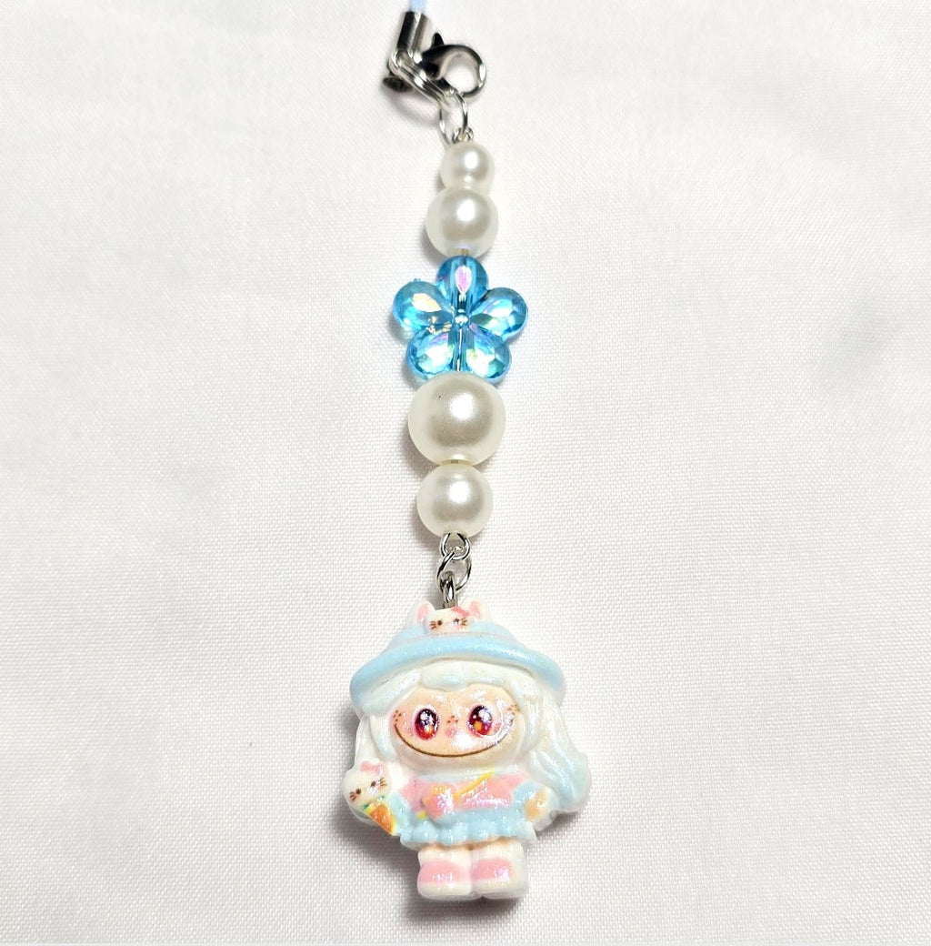 Kawaii Beaded Pastel Blue Monster Girl Phone Charm, Keychain, Bag Accessory