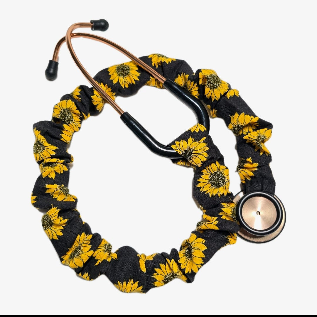 Sunflower Print Stethoscope Cover Scrunchie - Black & Yellow