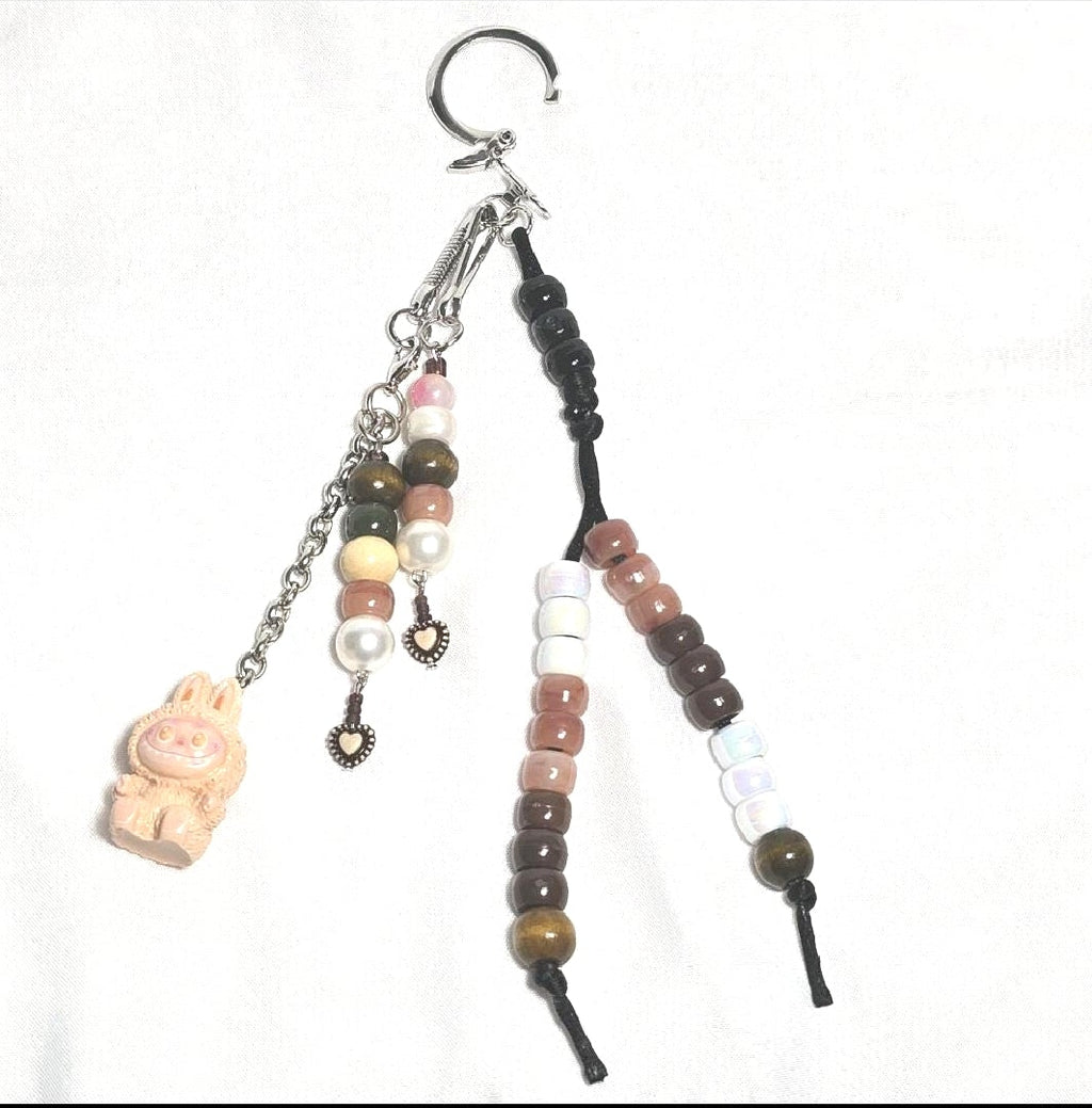 New Brown Labubu Inspired  Multi Strand Mixed Beaded Bag Charm Key Holder Keychain