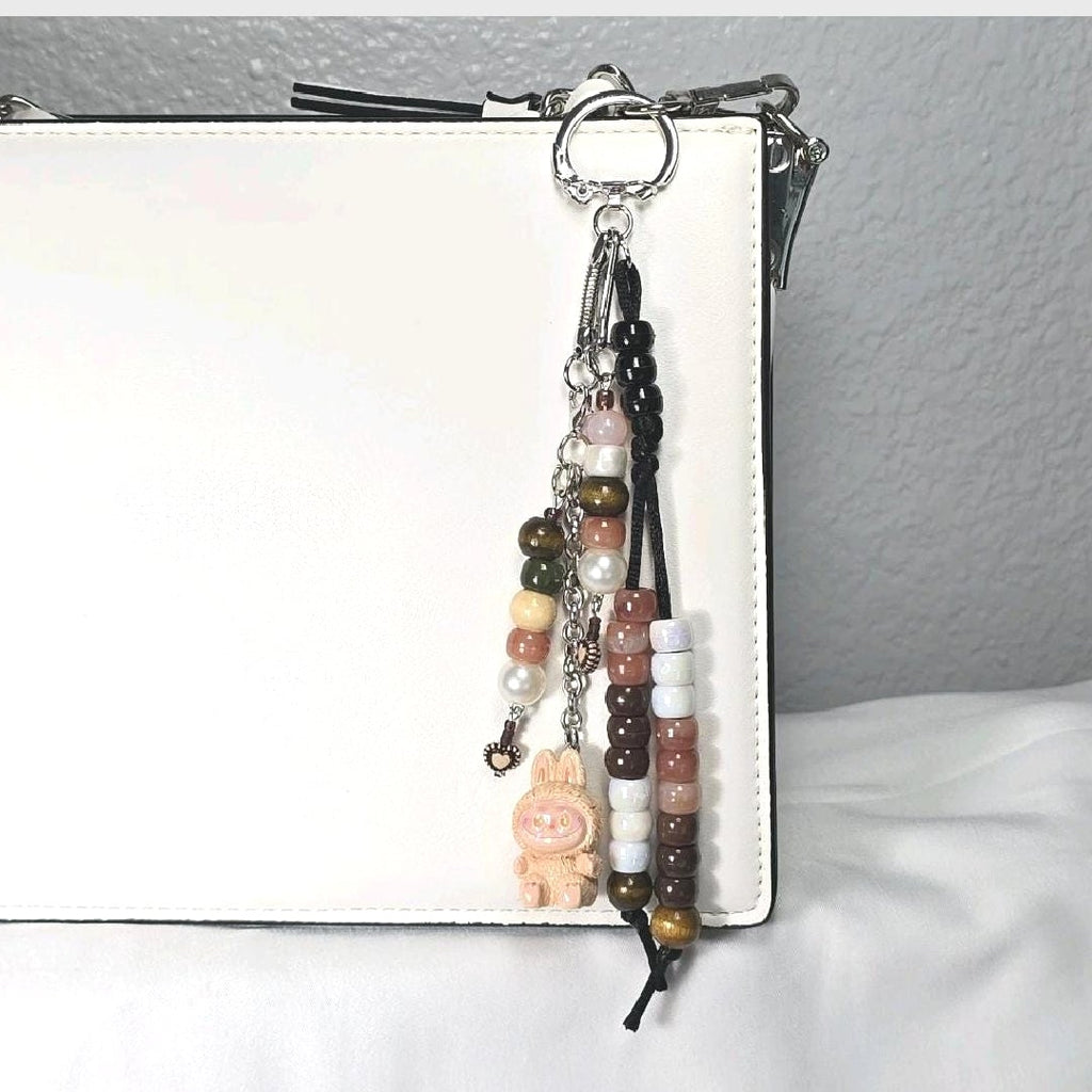 New Brown Labubu Inspired  Multi Strand Mixed Beaded Bag Charm Key Holder Keychain