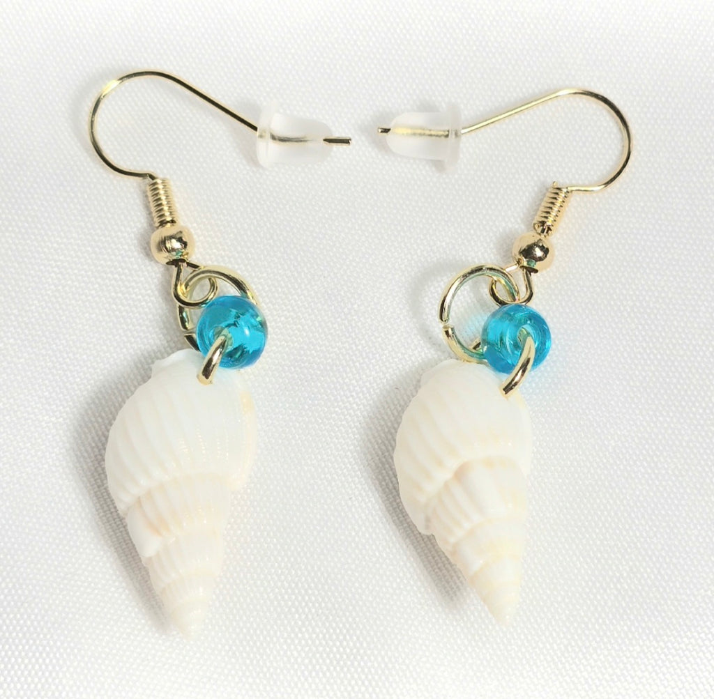 Natural shell earrings : coastal beach statement earrings with torquios glass bead on gold plated hook