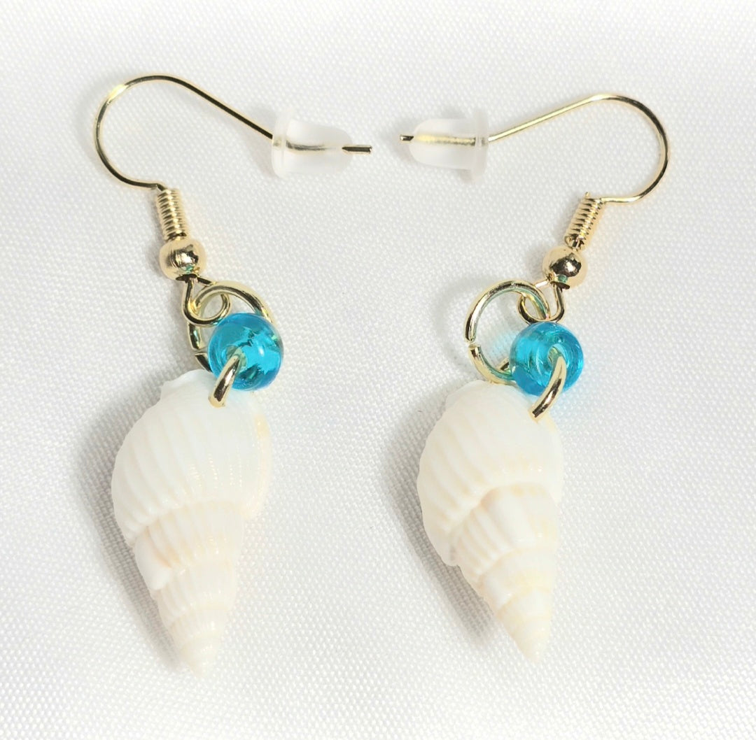 Natural shell earrings : coastal beach statement earrings with torquios glass bead on gold plated hook