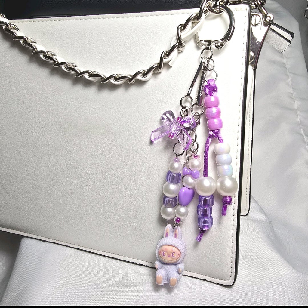 New Pastel Purple Labubu Inspired  Multi Strand Mixed Beaded Bag Charm Key Holder Keychain