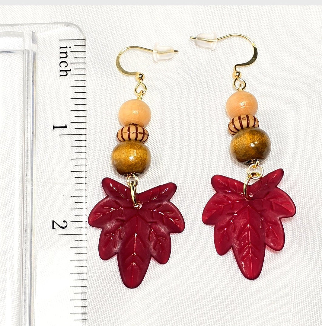 Fall Burgundy Red Maple Leaf Dangle Earrings with Wooden Beads