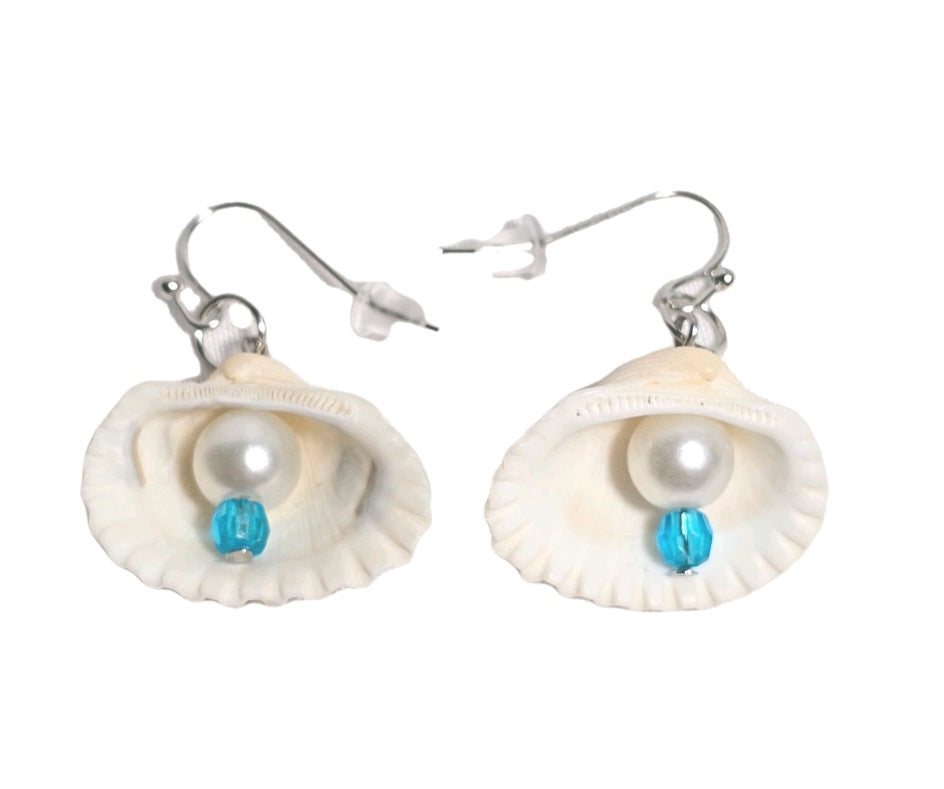 Natural Shell Earrings with Blue Glass Bead and faux pearl: Coastal Beach Statement Jewelry