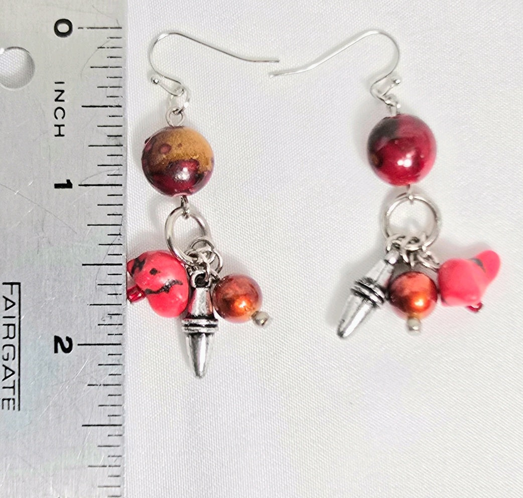 Red Bohemian Chic Rustic Mixed Beaded Statement Earrings. Southwestern Aesthetic