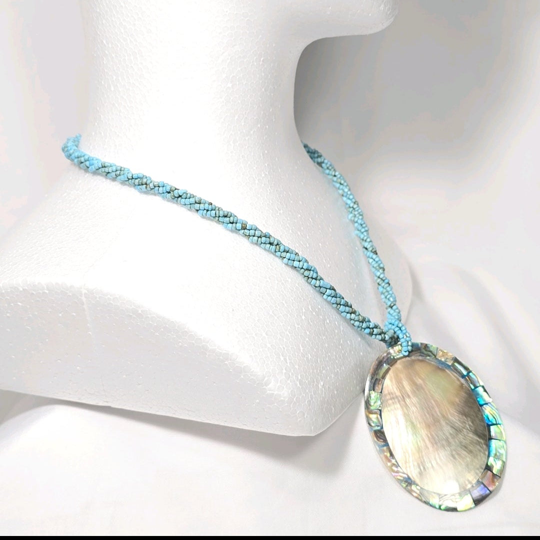 Vintage 18" Turquoise Beaded Necklace with Oval Abalone  Pendant