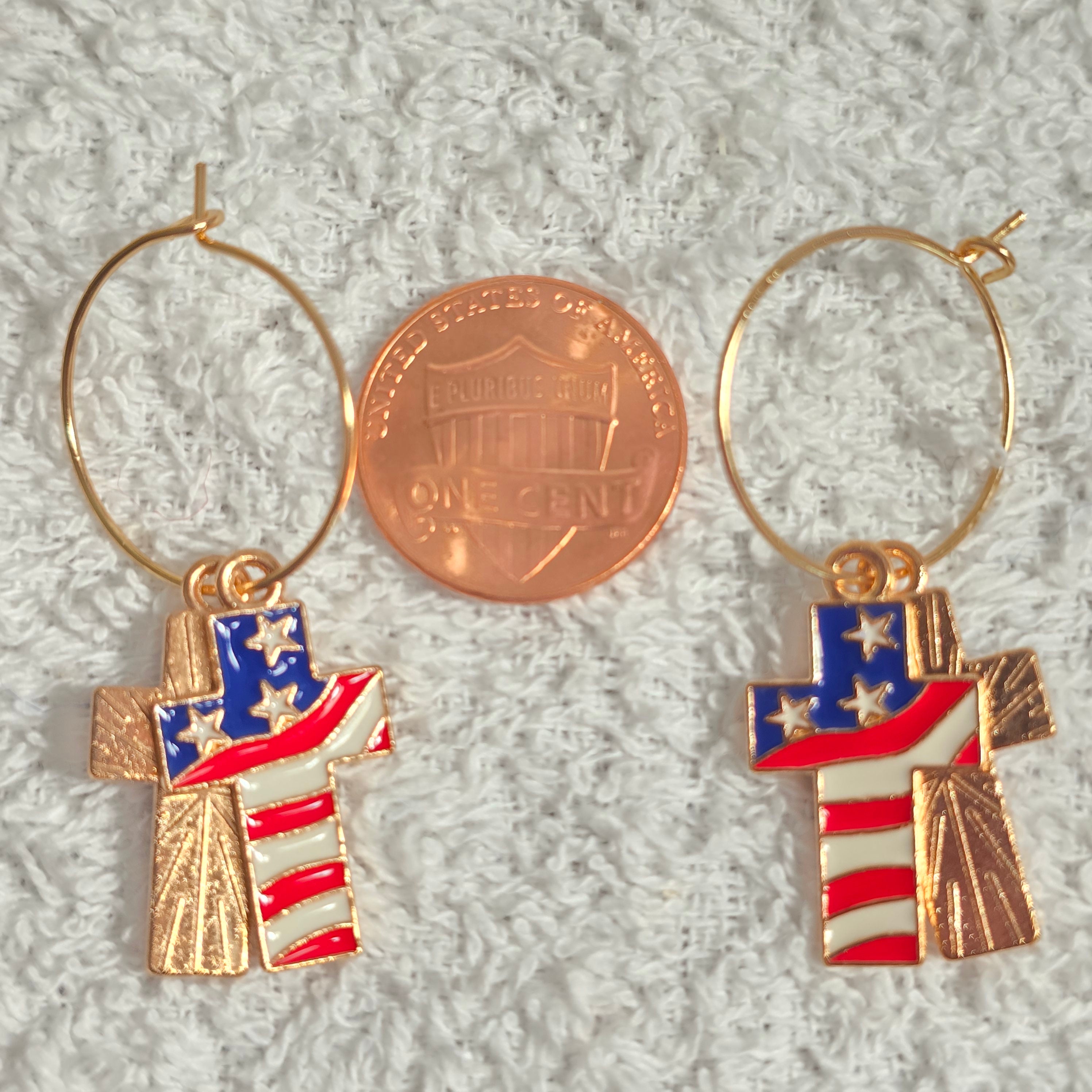 Cross Enamel American Flag  Patriotic Independence Day July 4th  Themed Earrings