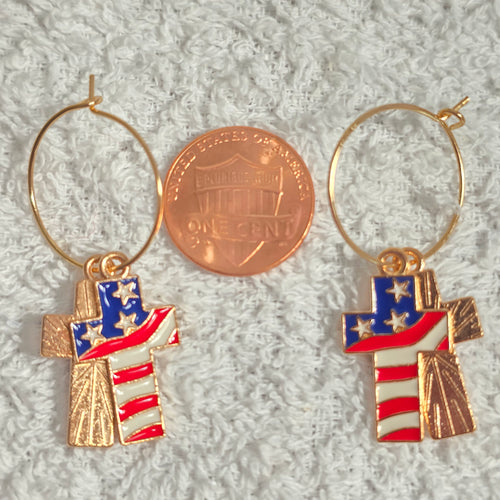 Cross Enamel American Flag  Patriotic Independence Day July 4th  Themed Earrings