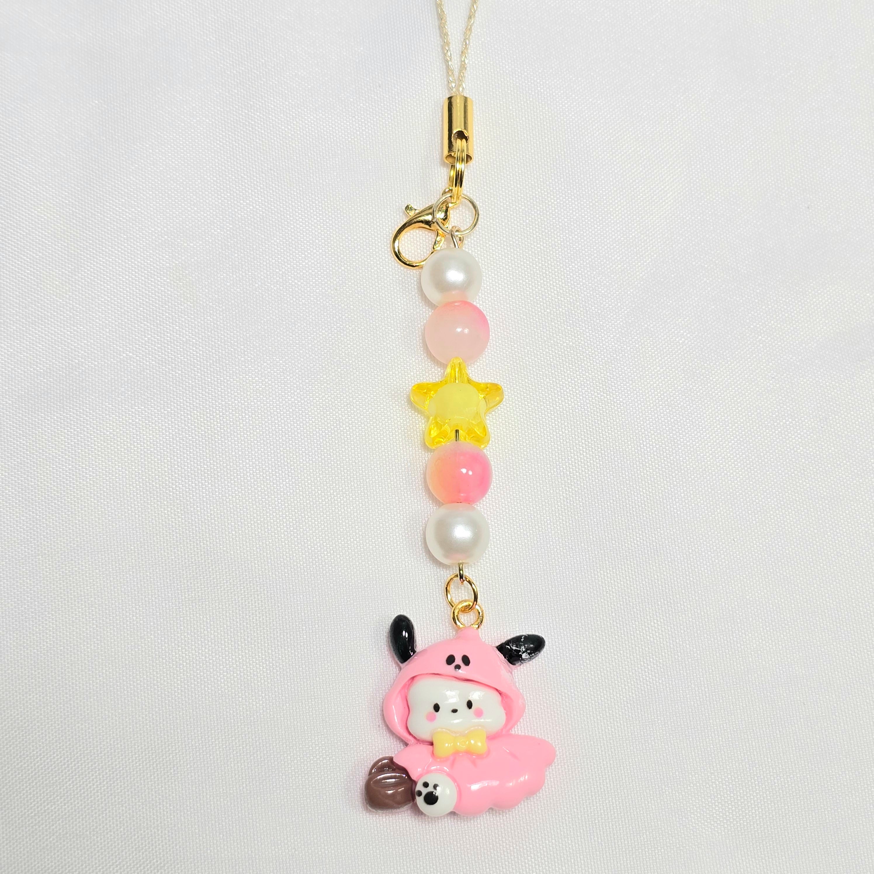 Cute Pink Pochacco Kawaii Beaded Key Chain or Phone Charm