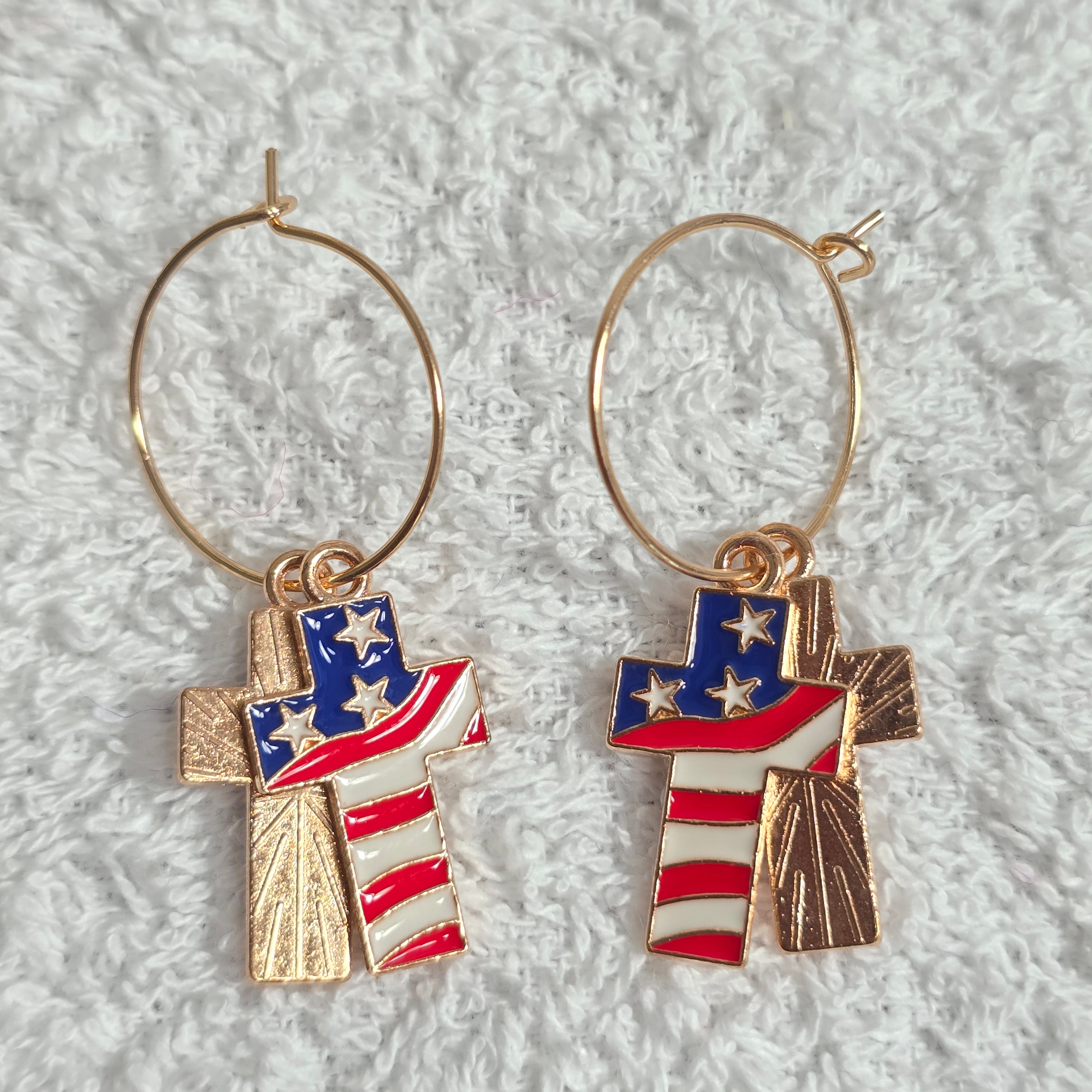 Cross Enamel American Flag  Patriotic Independence Day July 4th  Themed Earrings
