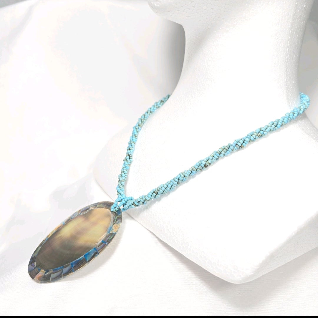 Vintage 18" Turquoise Beaded Necklace with Oval Abalone  Pendant