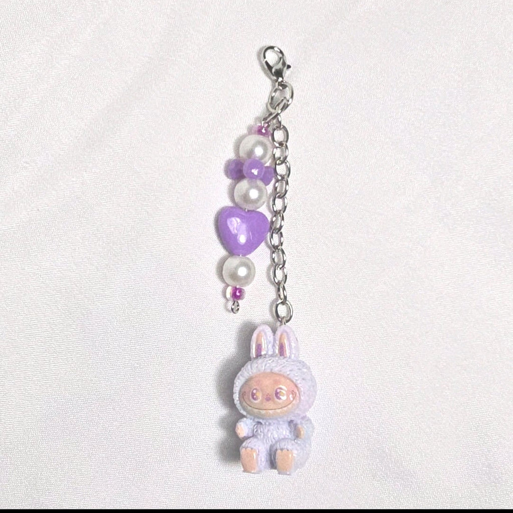 New Pastel Purple Labubu Inspired  Multi Strand Mixed Beaded Bag Charm Key Holder Keychain