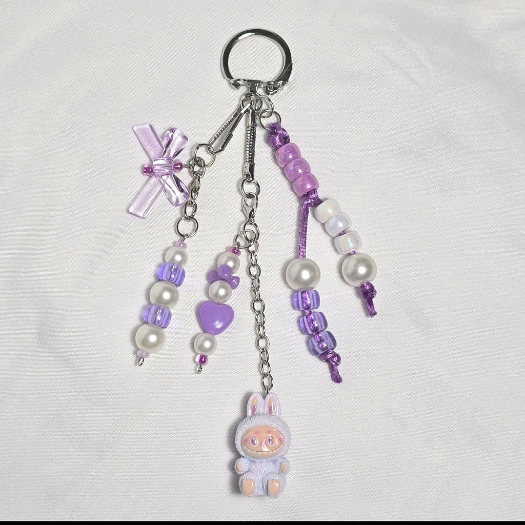 New Pastel Purple Labubu Inspired  Multi Strand Mixed Beaded Bag Charm Key Holder Keychain