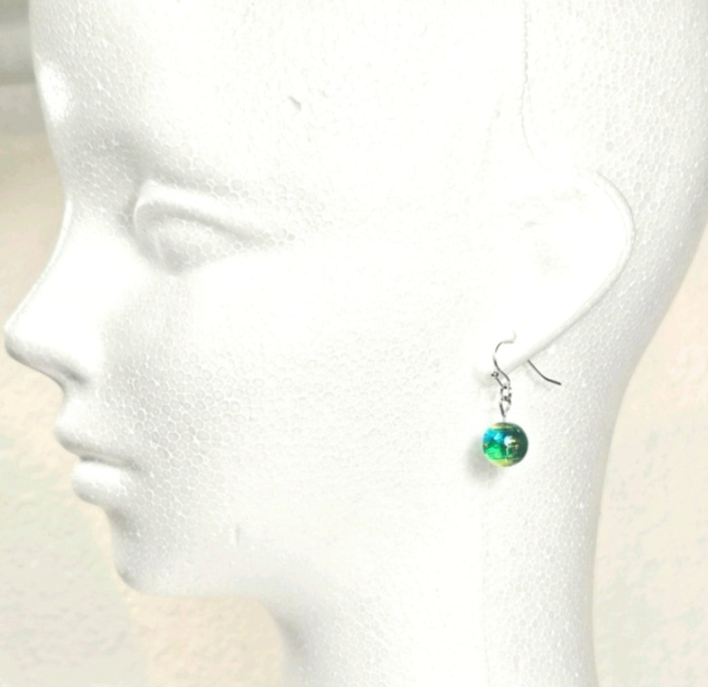 Aqua Blue Yellow Swirl Glass Bead Necklace Earring Set, Murano Style Jewelry