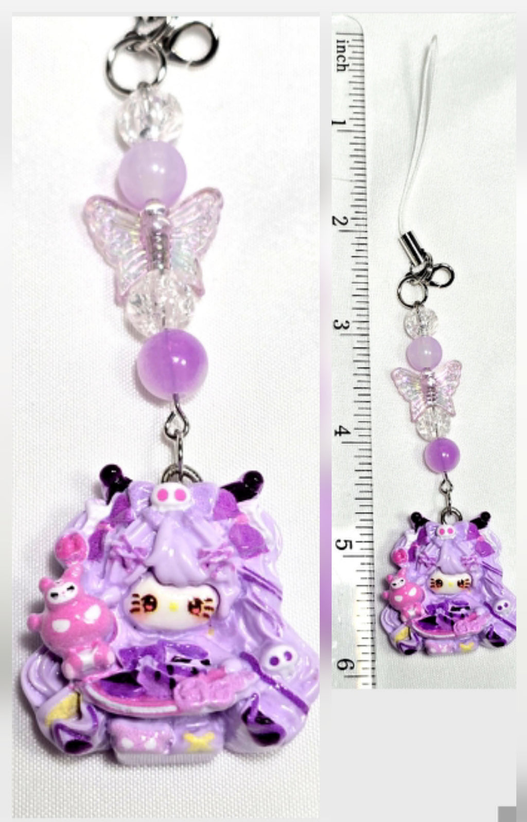 Whimsical Kawaii Beaded Purple Kitty Girl Keychain or Phone Bag Charm