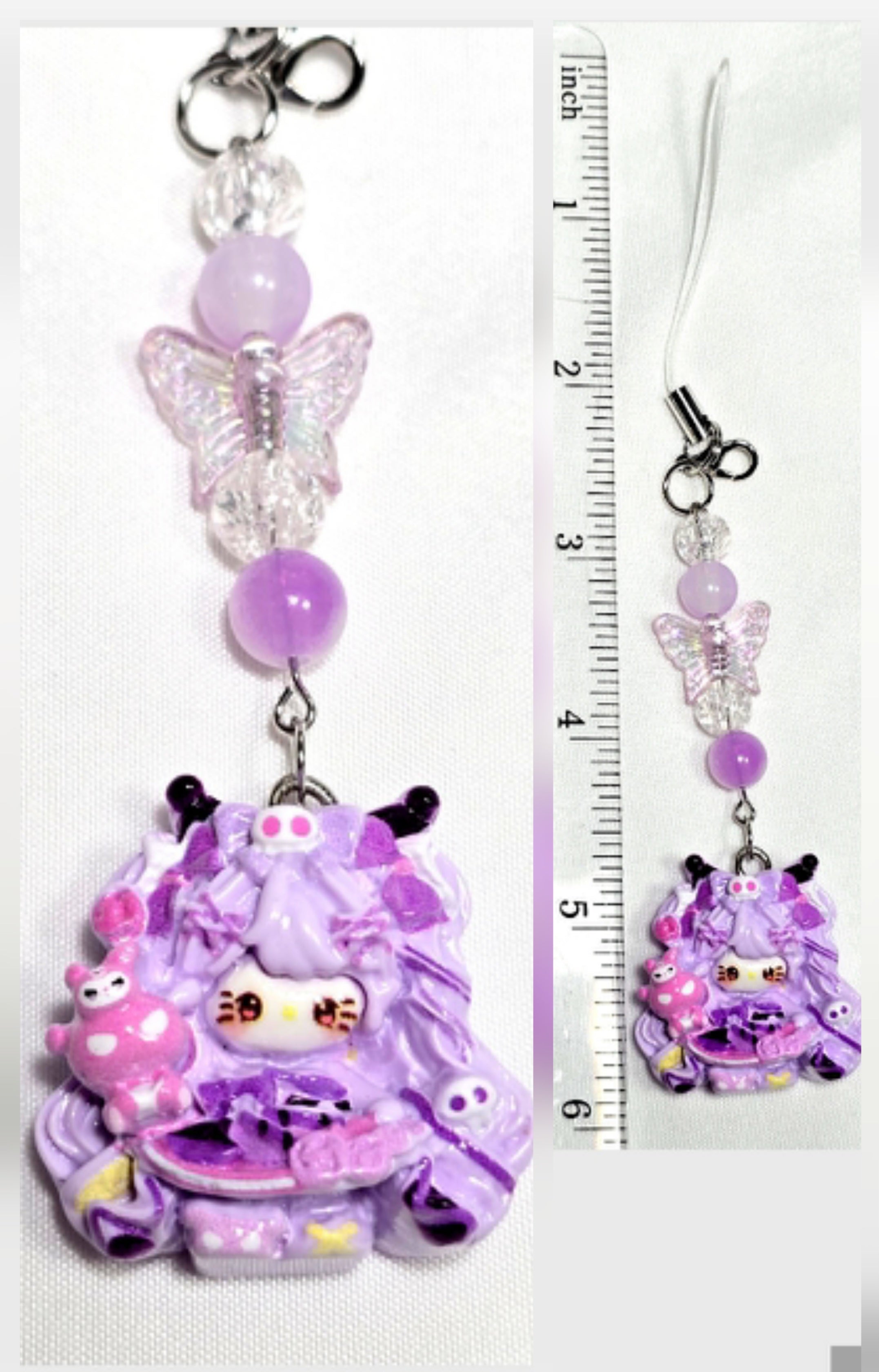 Whimsical Kawaii Beaded Purple Kitty Girl Keychain or Phone Bag Charm