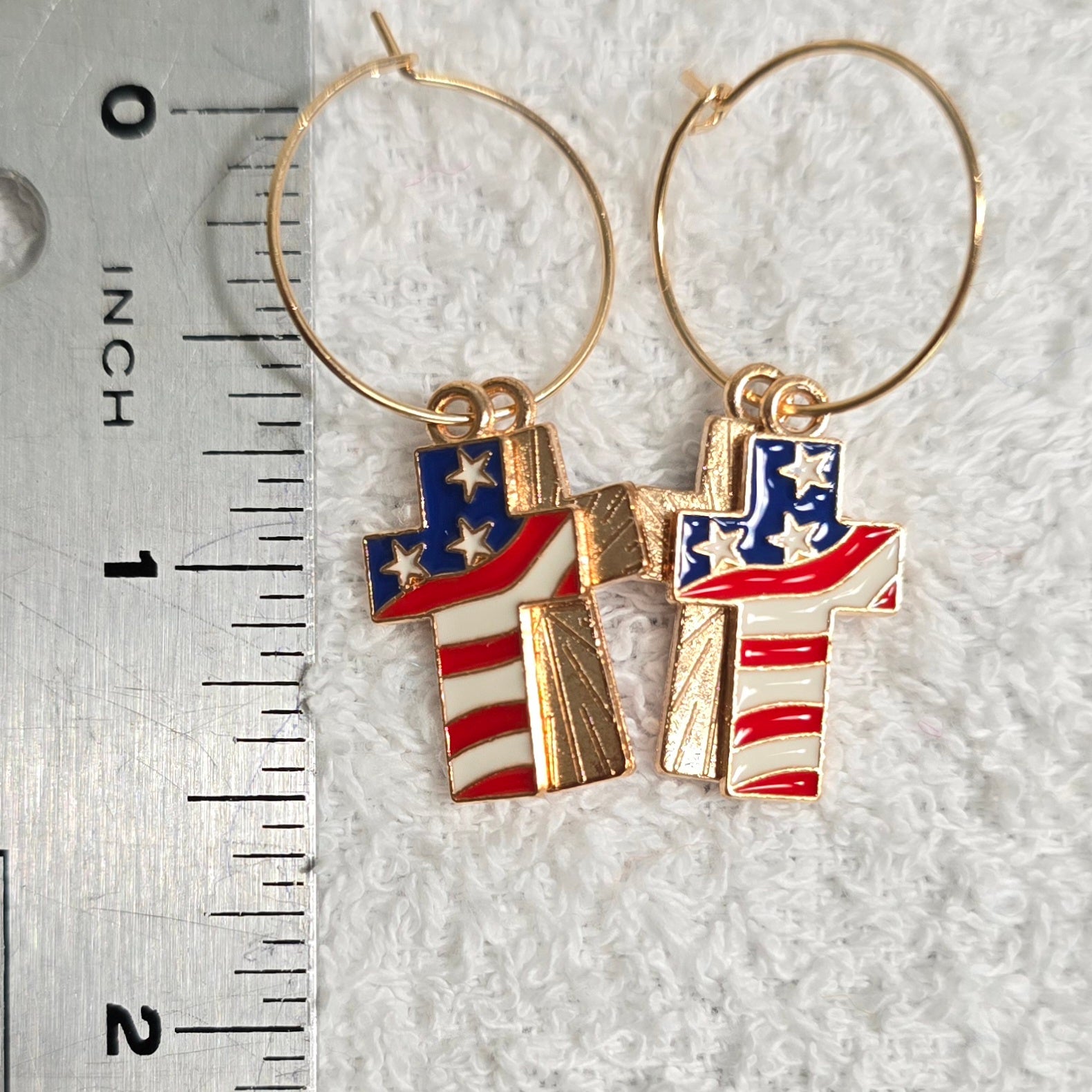 Cross Enamel American Flag  Patriotic Independence Day July 4th  Themed Earrings