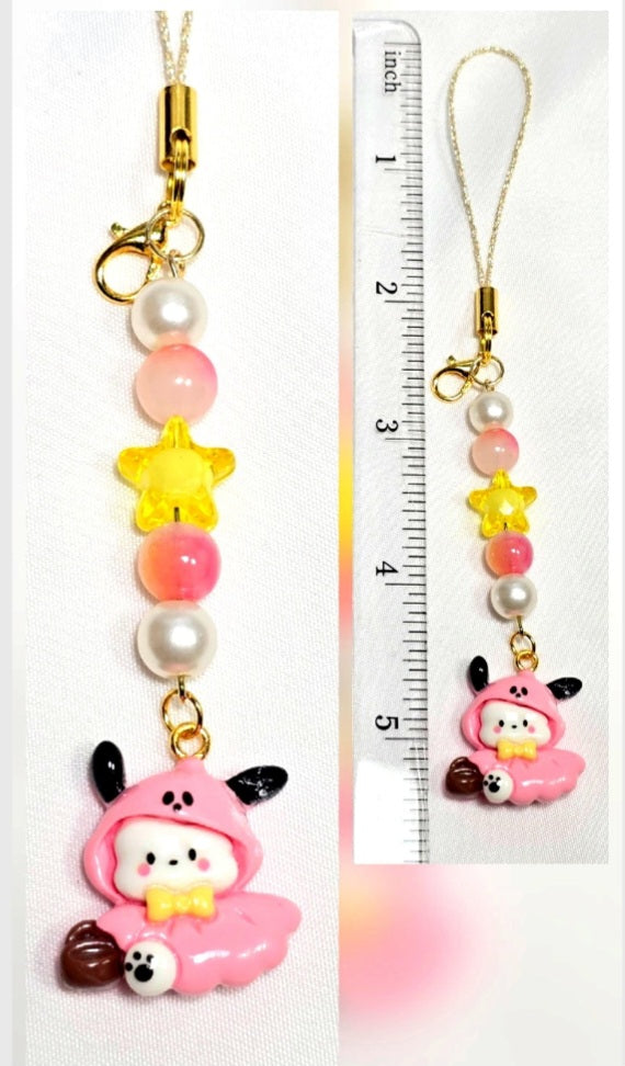 Cute Pink Pochacco Kawaii Beaded Key Chain or Phone Charm