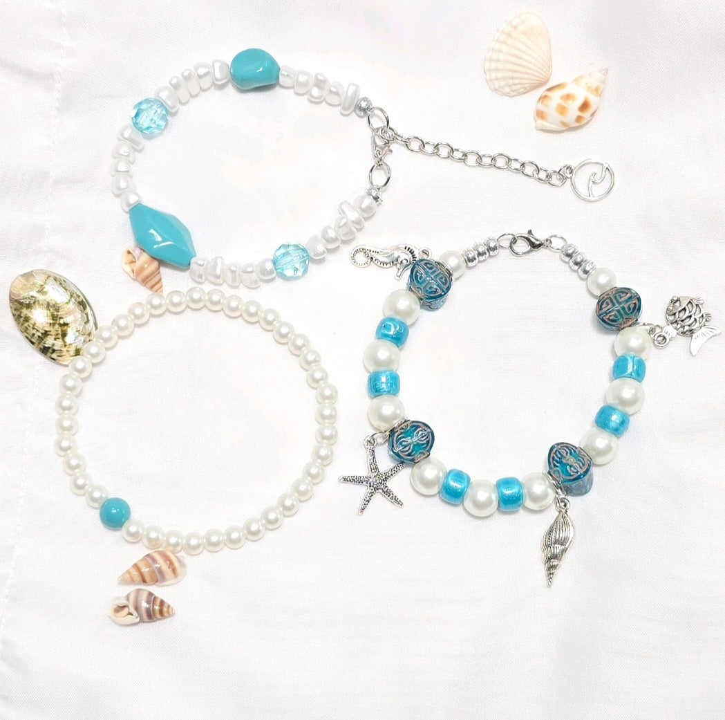 Ocean Life Beach Stackable White and Torquiose  Mixed Beaded Stretchy Bracelets