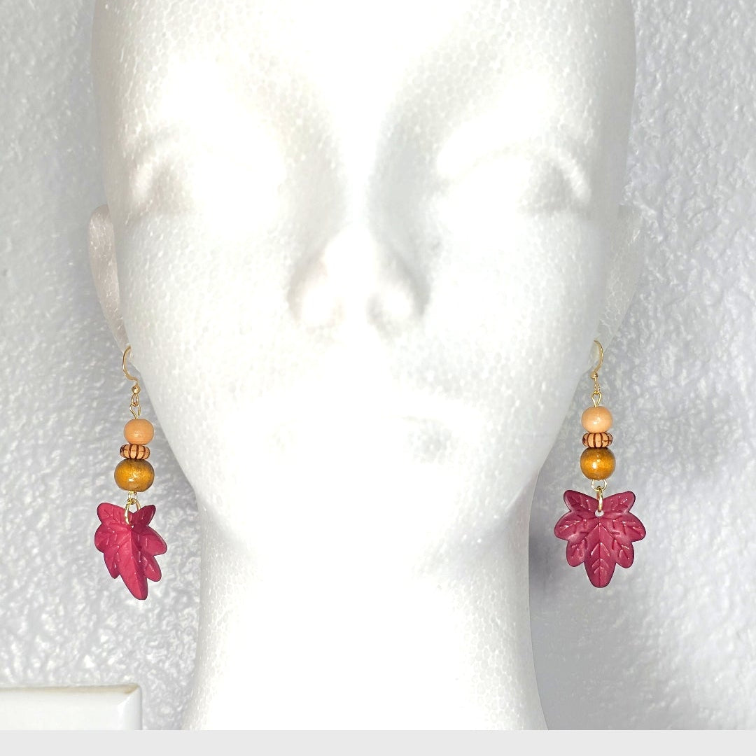 Fall Burgundy Red Maple Leaf Dangle Earrings with Wooden Beads