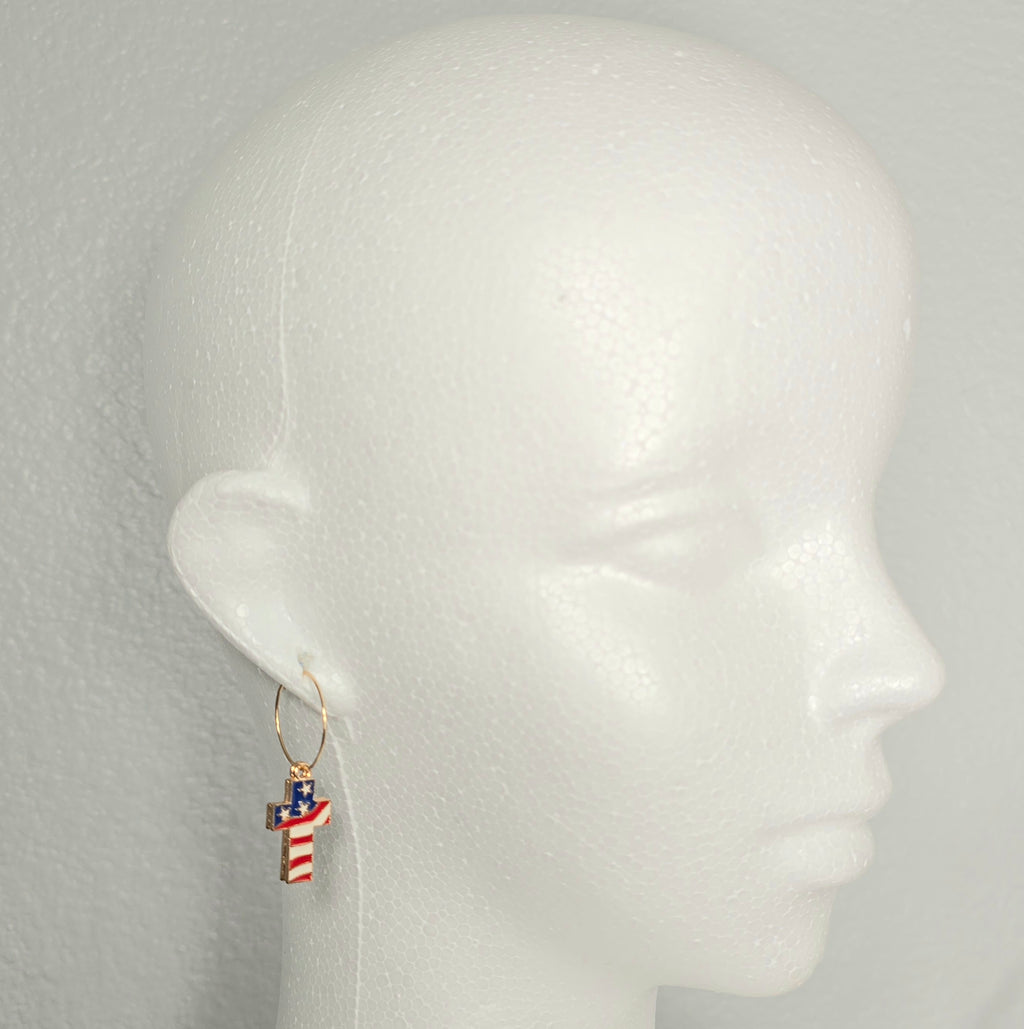 Cross Enamel American Flag  Patriotic Independence Day July 4th  Themed Earrings