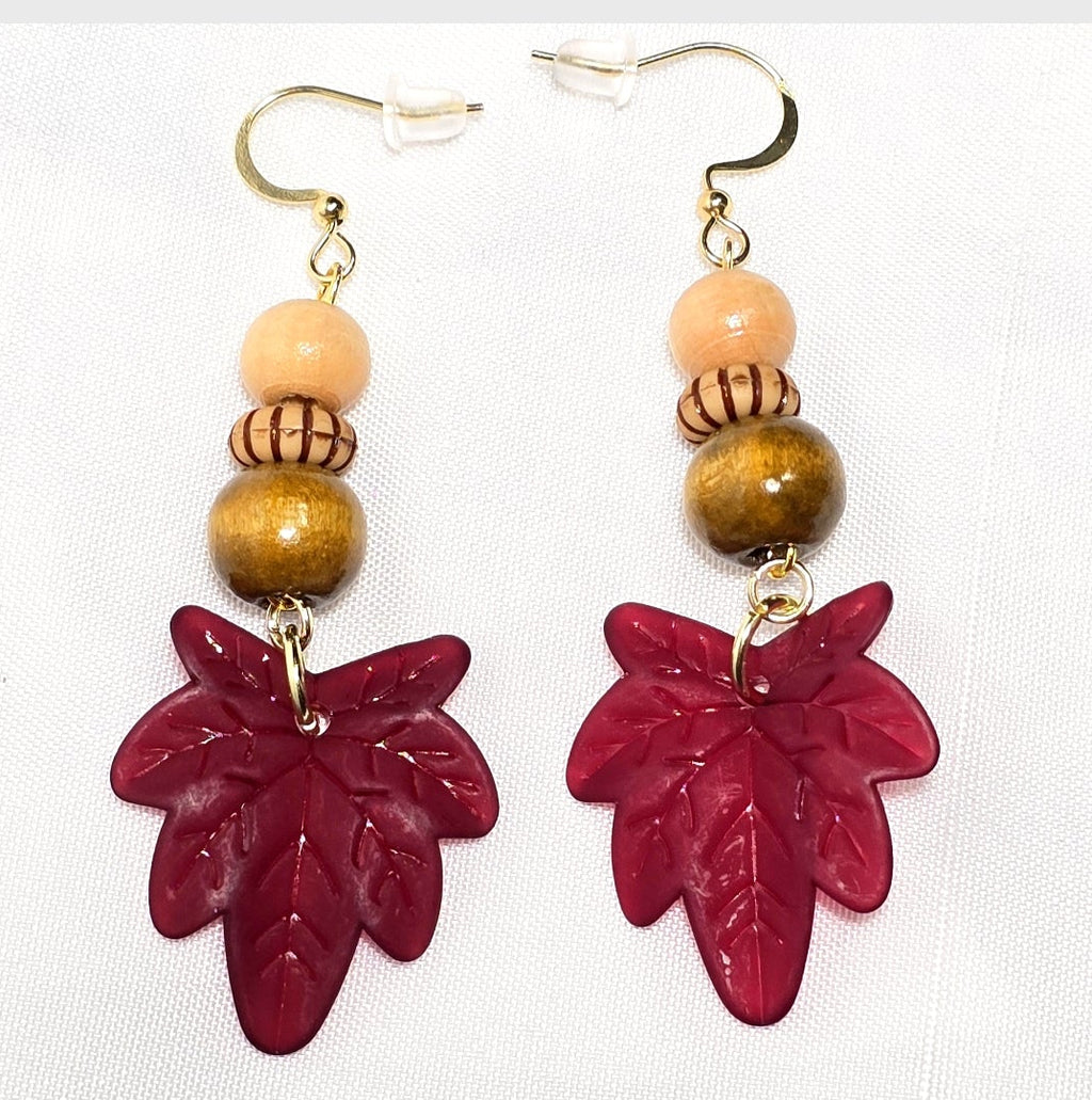 Fall Burgundy Red Maple Leaf Dangle Earrings with Wooden Beads