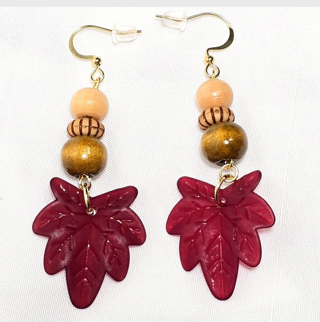 Fall Burgundy Red Maple Leaf Dangle Earrings with Wooden Beads
