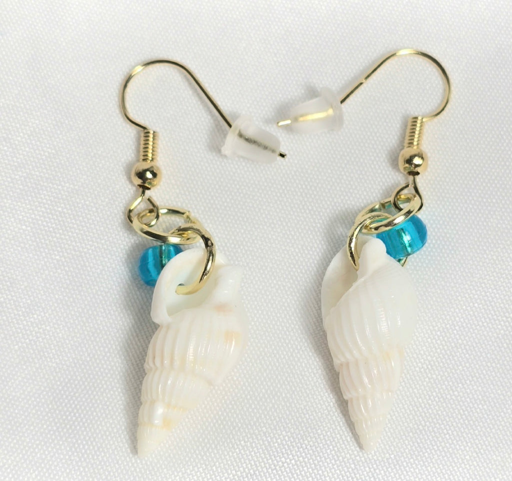 Natural shell earrings : coastal beach statement earrings with torquios glass bead on gold plated hook