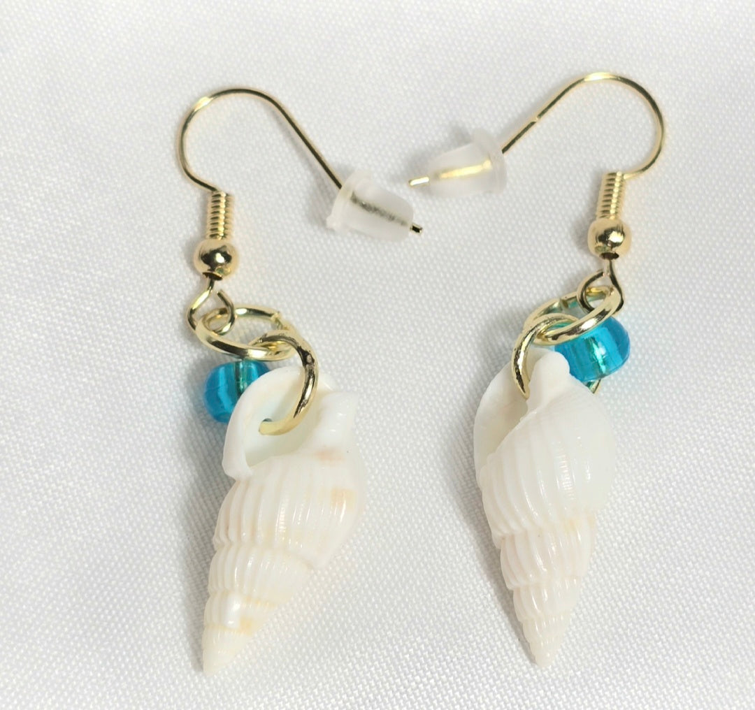 Natural shell earrings : coastal beach statement earrings with torquios glass bead on gold plated hook