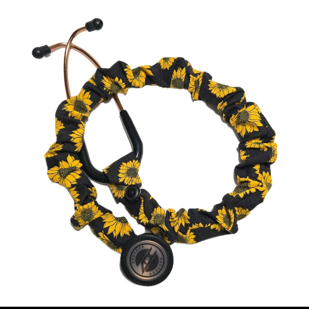 Sunflower Print Stethoscope Cover Scrunchie - Black & Yellow