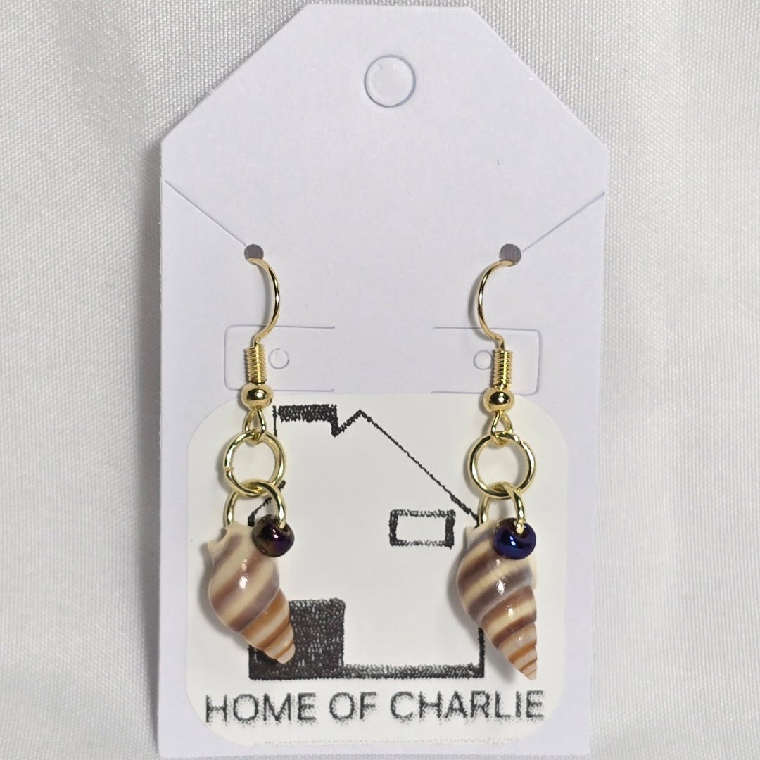 Natural shell earrings : coastal beach statement earrings with glass bead on gold plated hooks