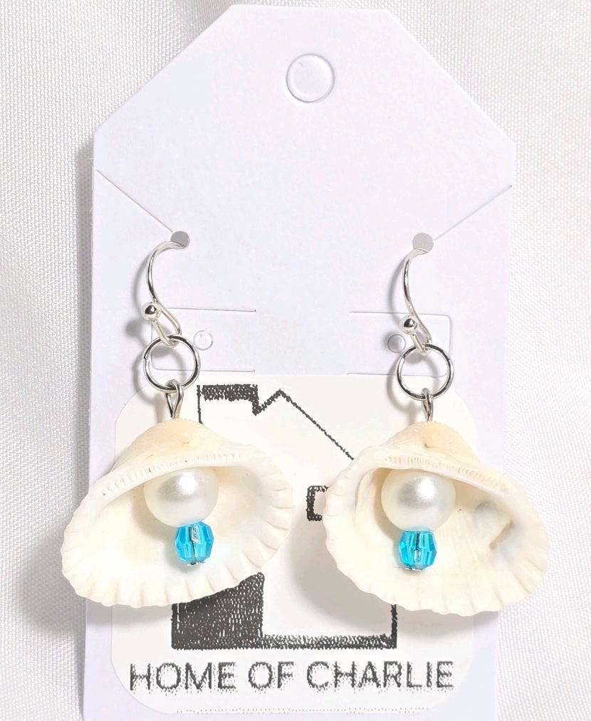Natural Shell Earrings with Blue Glass Bead and faux pearl: Coastal Beach Statement Jewelry