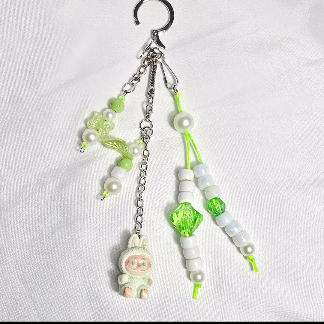 New Pastel Green Labubu Inspired  Multi Strand Mixed Beaded Bag Charm Key Holder Keychain