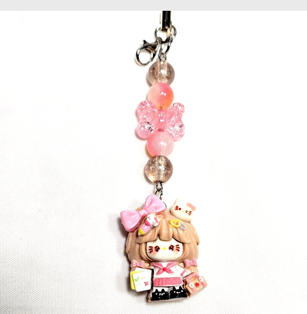 Whimsical Kawaii Beaded Pink Kitty Girl Keychain or Phone Bag Charm
