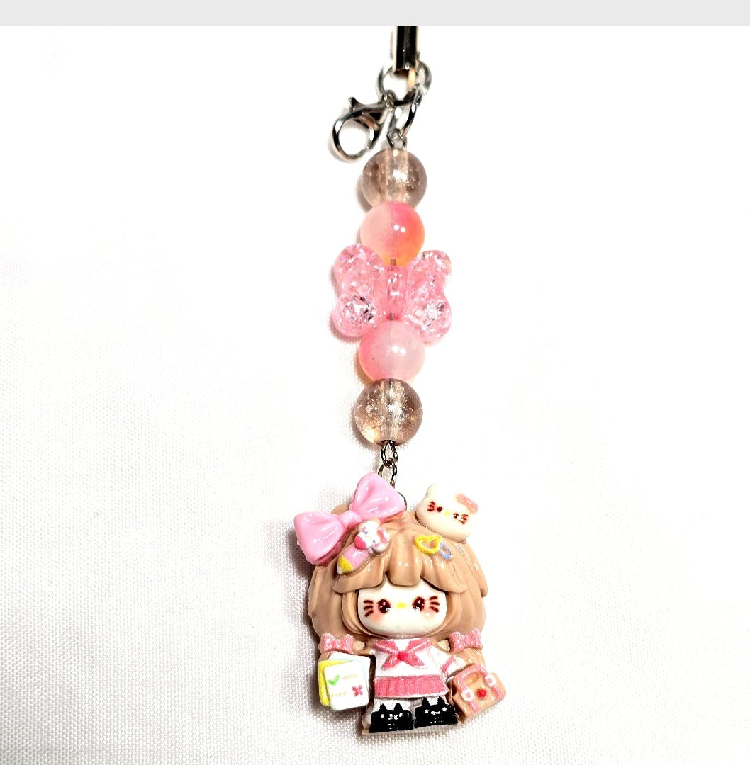 Whimsical Kawaii Beaded Pink Kitty Girl Keychain or Phone Bag Charm
