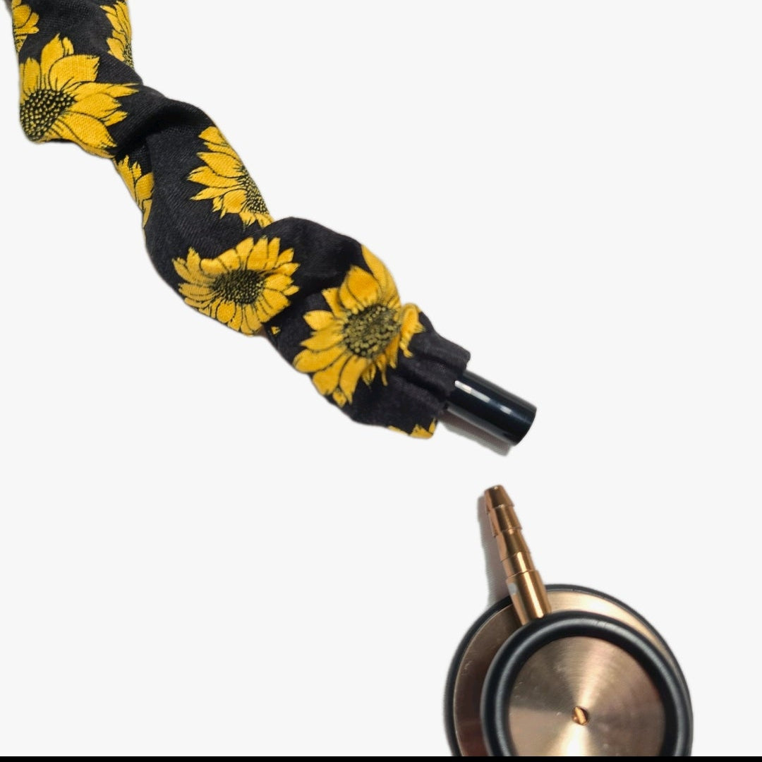 Sunflower Print Stethoscope Cover Scrunchie - Black & Yellow