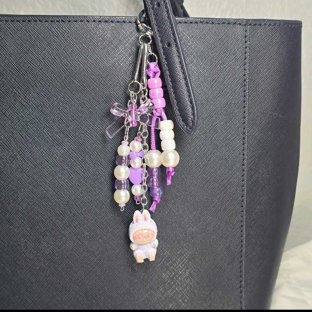 New Pastel Purple Labubu Inspired  Multi Strand Mixed Beaded Bag Charm Key Holder Keychain