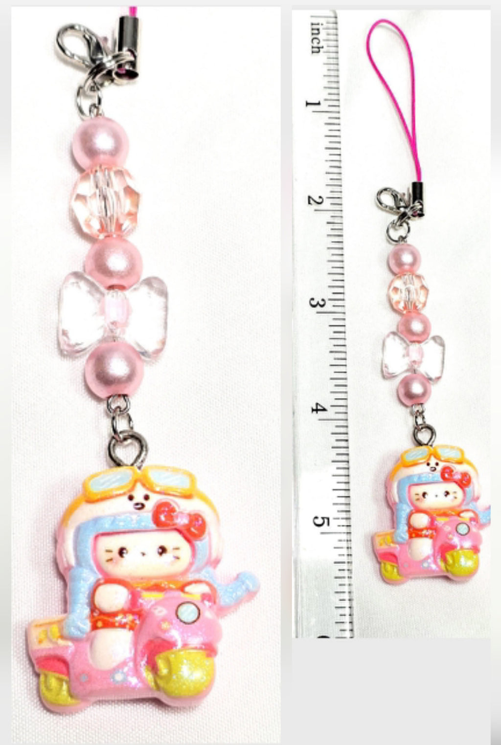 Whimsical Kawaii Beaded Pink Kitty Girl Keychain or Phone Bag Charm