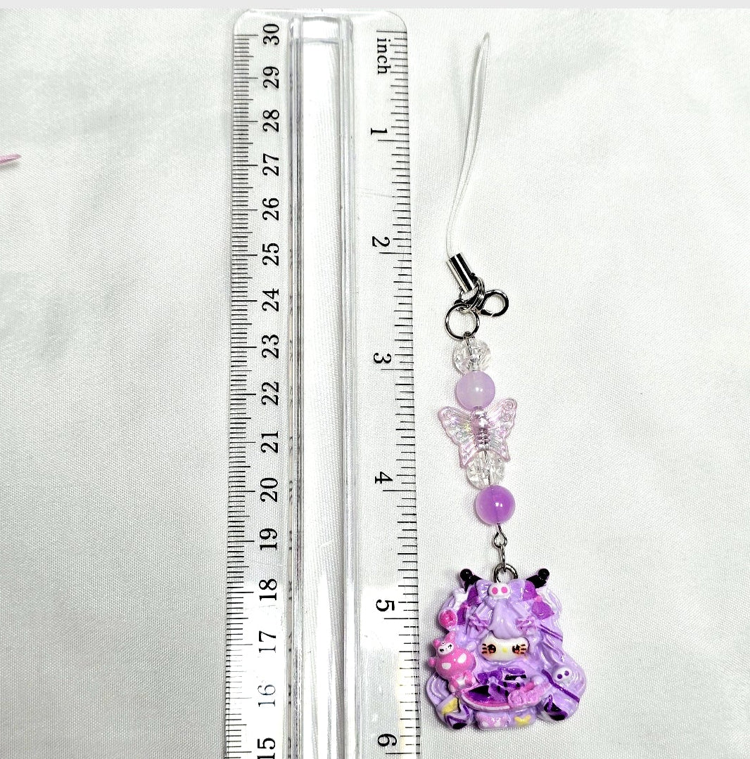 Whimsical Kawaii Beaded Purple Kitty Girl Keychain or Phone Bag Charm