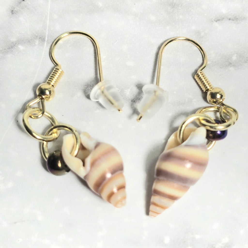 Natural shell earrings : coastal beach statement earrings with glass bead on gold plated hooks