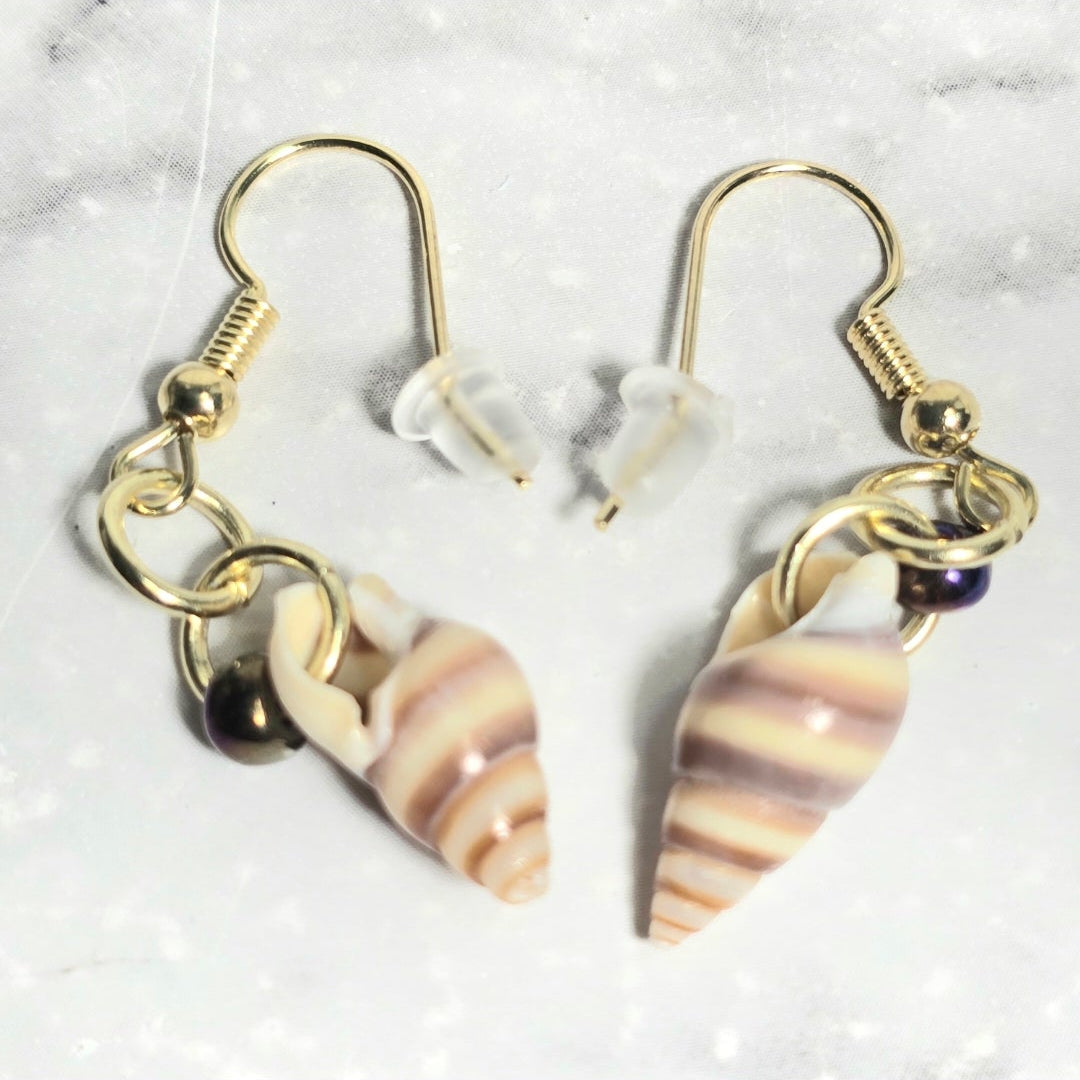 Natural shell earrings : coastal beach statement earrings with glass bead on gold plated hooks